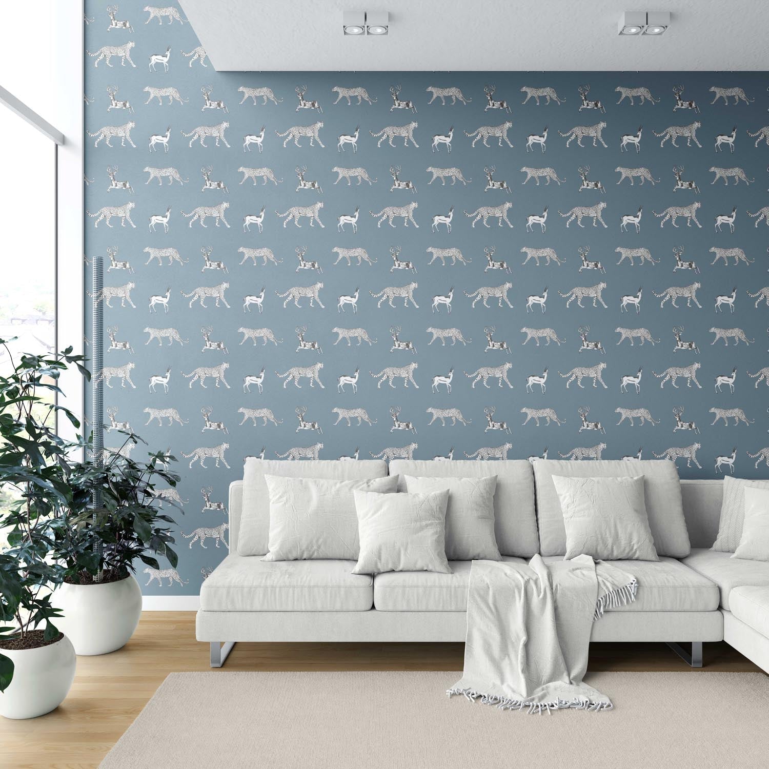 Leopard Animal Print Shower Toilet Wallpaper (Slate Blue/ White)