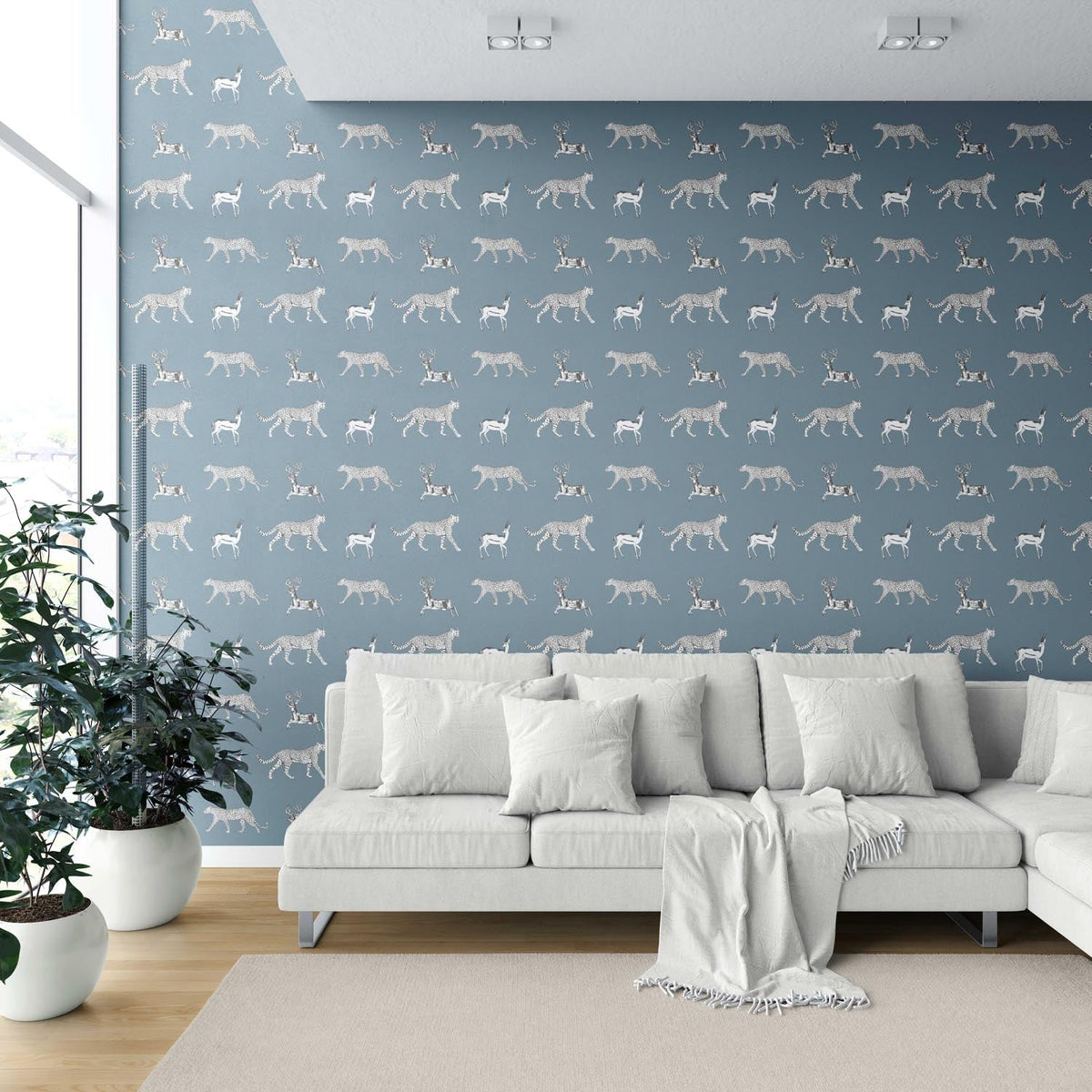 Leopard Animal Print Shower Toilet Wallpaper (Slate Blue/ White)