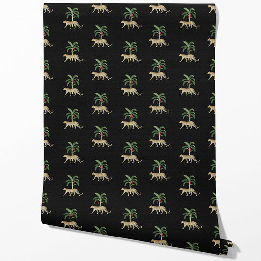 Leopard Animal Print Traditional Wallpaper (Black/ Tan/ Red/ Green)