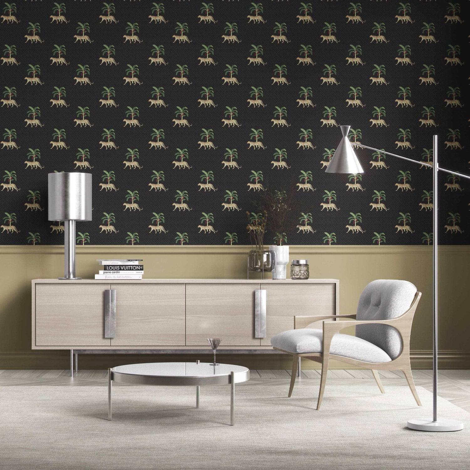 Leopard Animal Print Kitchen Wallpaper (Black/ Tan/ Red/ Green)