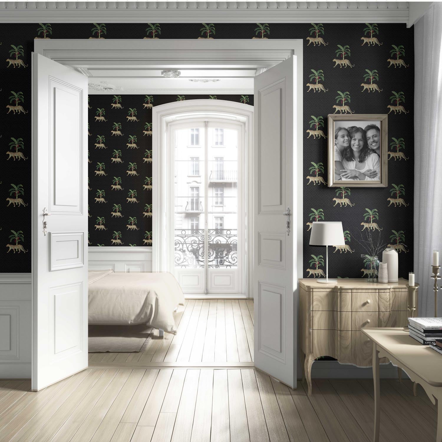Leopard Animal Print Living Room Wallpaper (Black/ Tan/ Red/ Green)