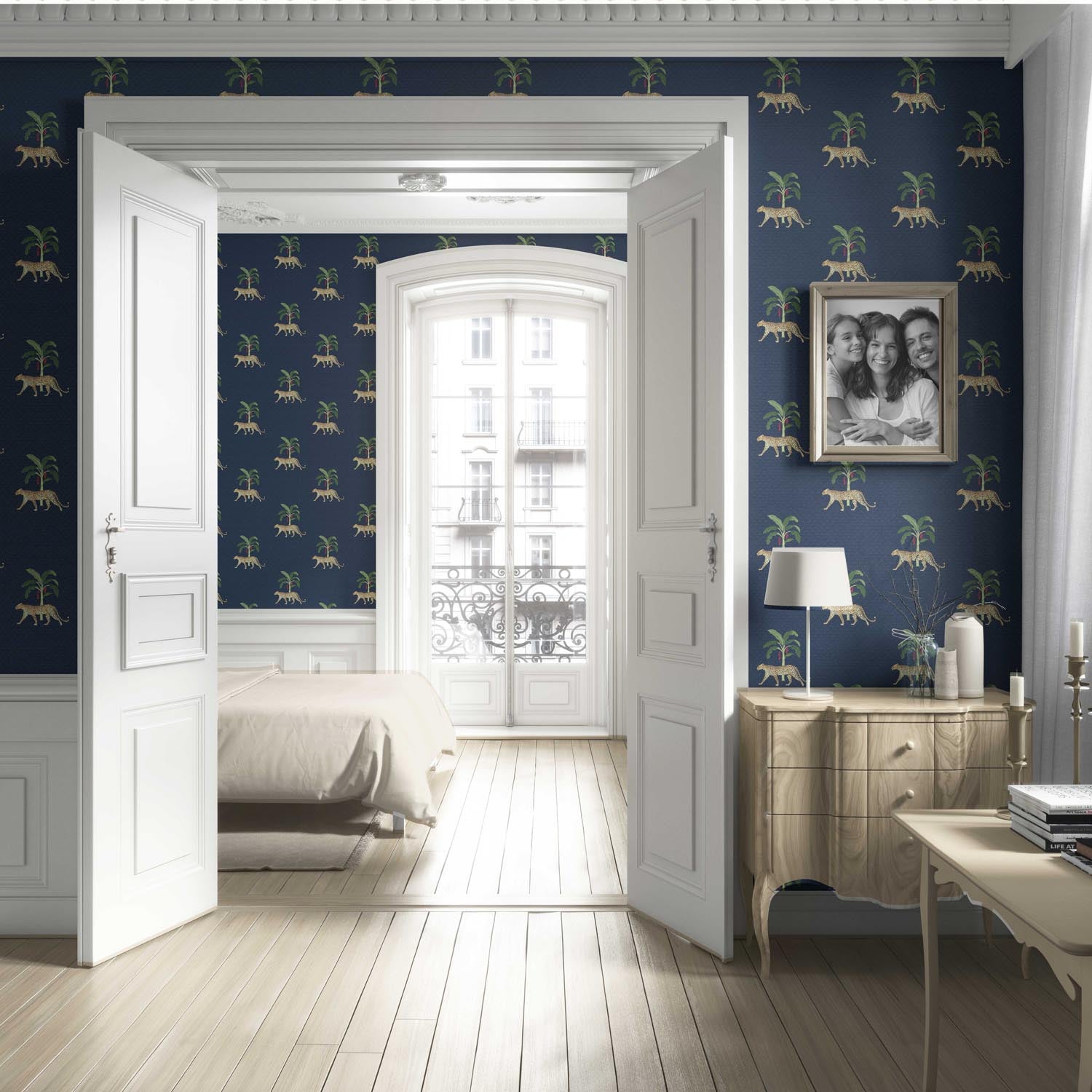 Leopard Animal Print Living Room Wallpaper (Navy Blue/ Green/ Red/ Tan)