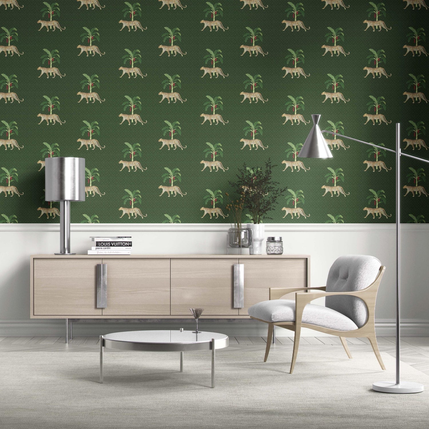 Leopard Animal Print Kitchen Wallpaper (Green/ Red/ Tan)