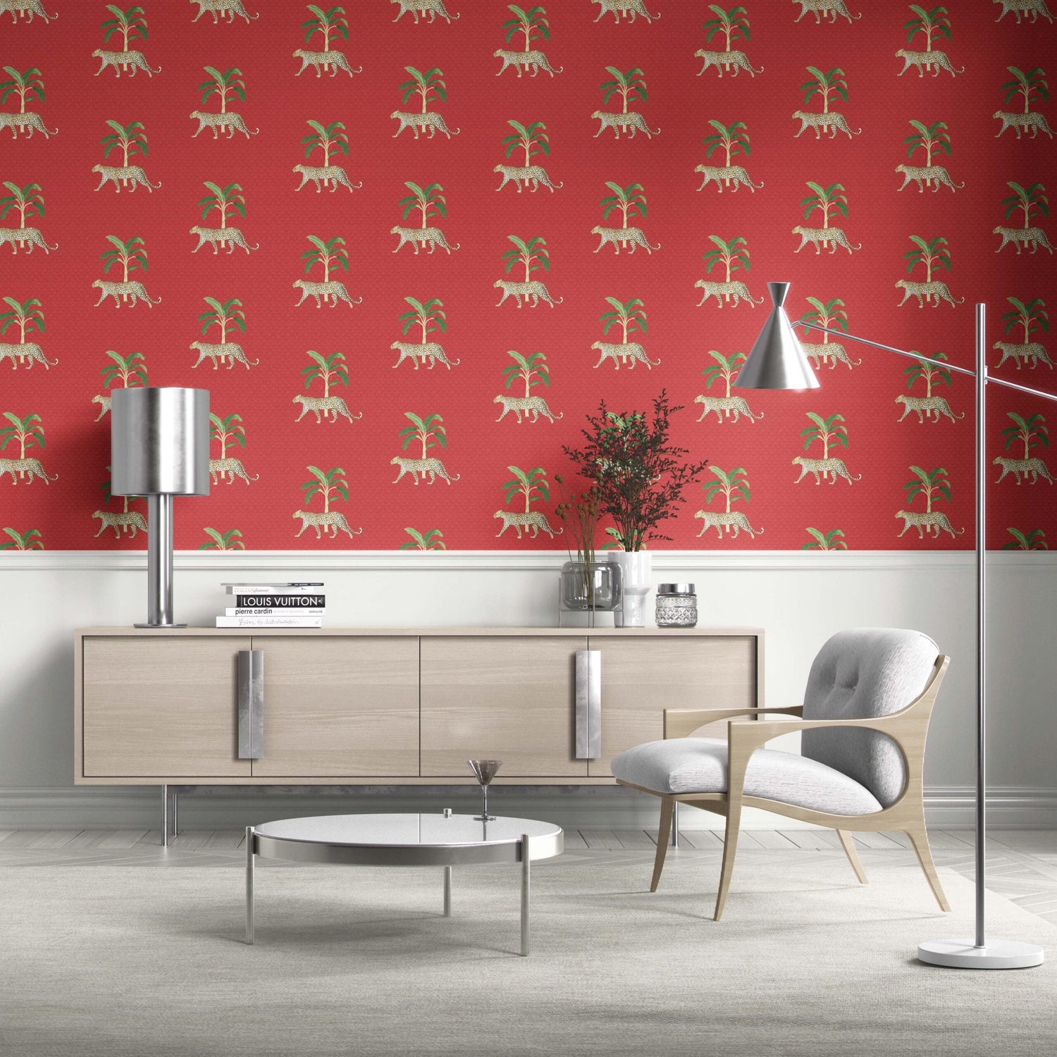 Leopard Animal Print Kitchen Wallpaper (Red/ Green/ Tan)