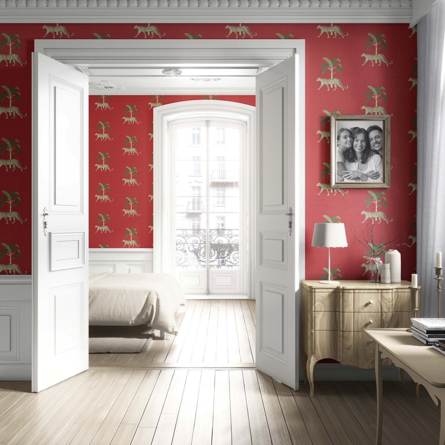 Leopard Animal Print Living Room Wallpaper (Red/ Green/ Tan)