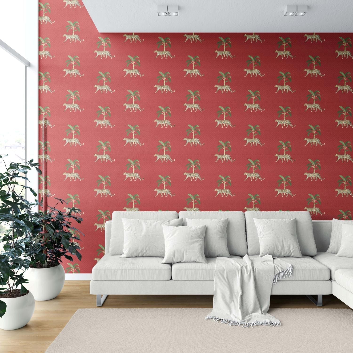 Leopard Animal Print Shower Toilet Wallpaper (Red/ Green/ Tan)