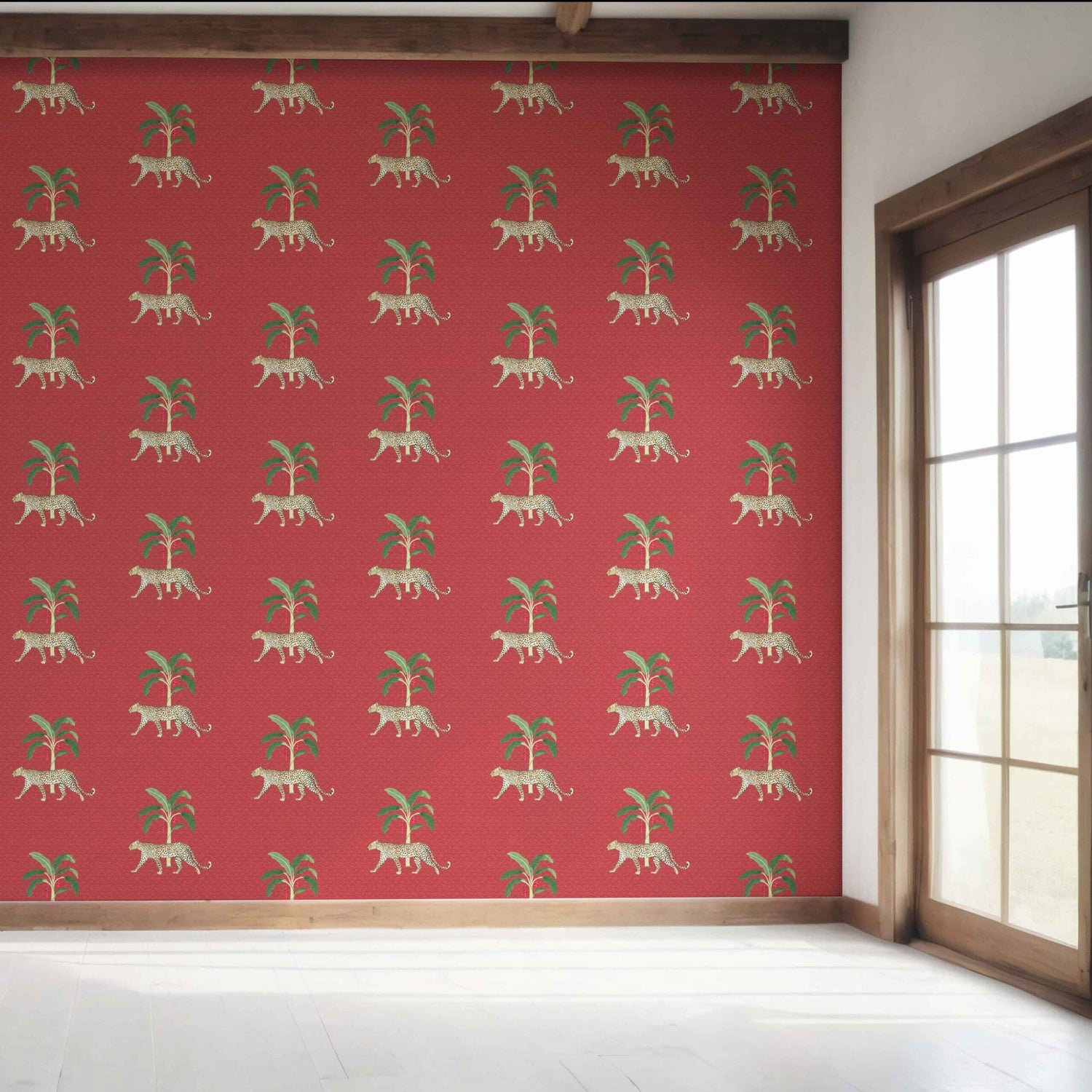 Leopard Animal Print Bedroom Wallpaper (Red/ Green/ Tan)