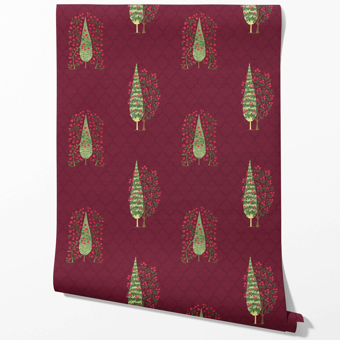 Botanical/ Floral Print Kitchen Wallpaper (Maroon/ Red/ Pink/ Green)