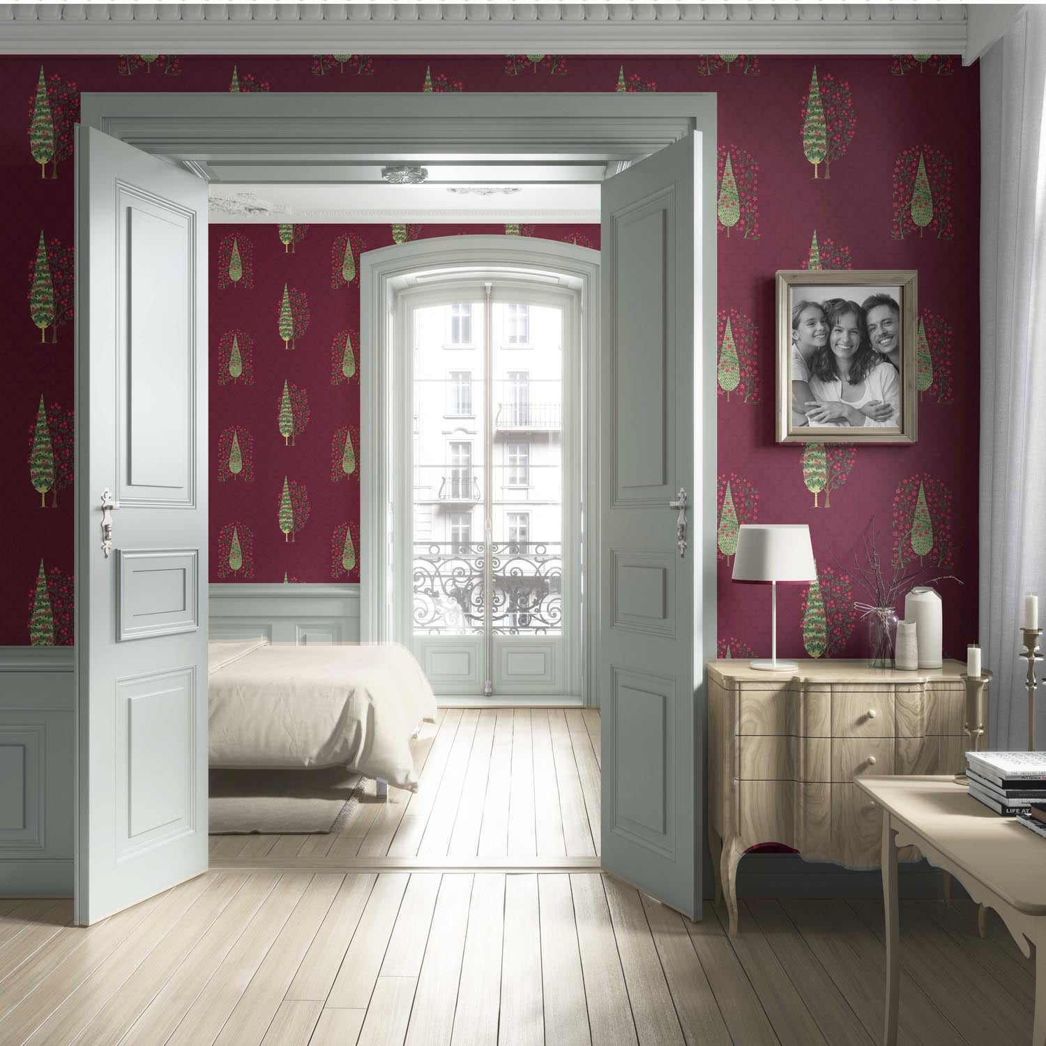 Botanical/ Floral Print Living Room Wallpaper (Maroon/ Red/ Pink/ Green)