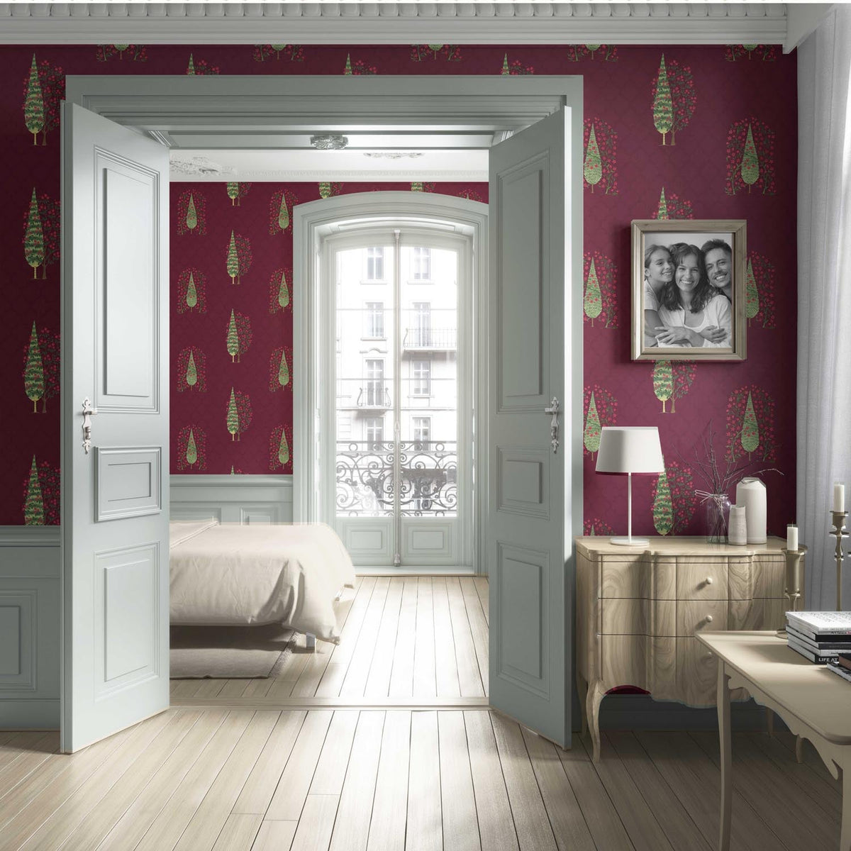Botanical/ Floral Print Living Room Wallpaper (Maroon/ Red/ Pink/ Green)