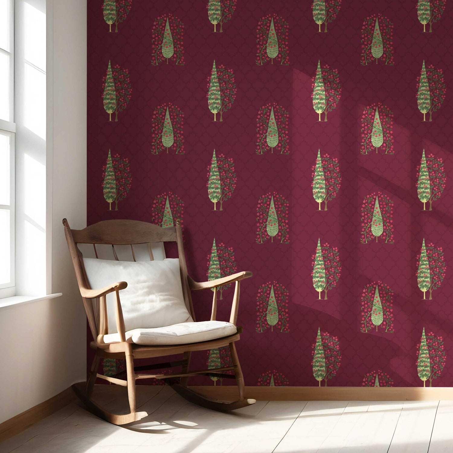 Botanical/ Floral Print Nursery Wallpaper (Maroon/ Red/ Pink/ Green)