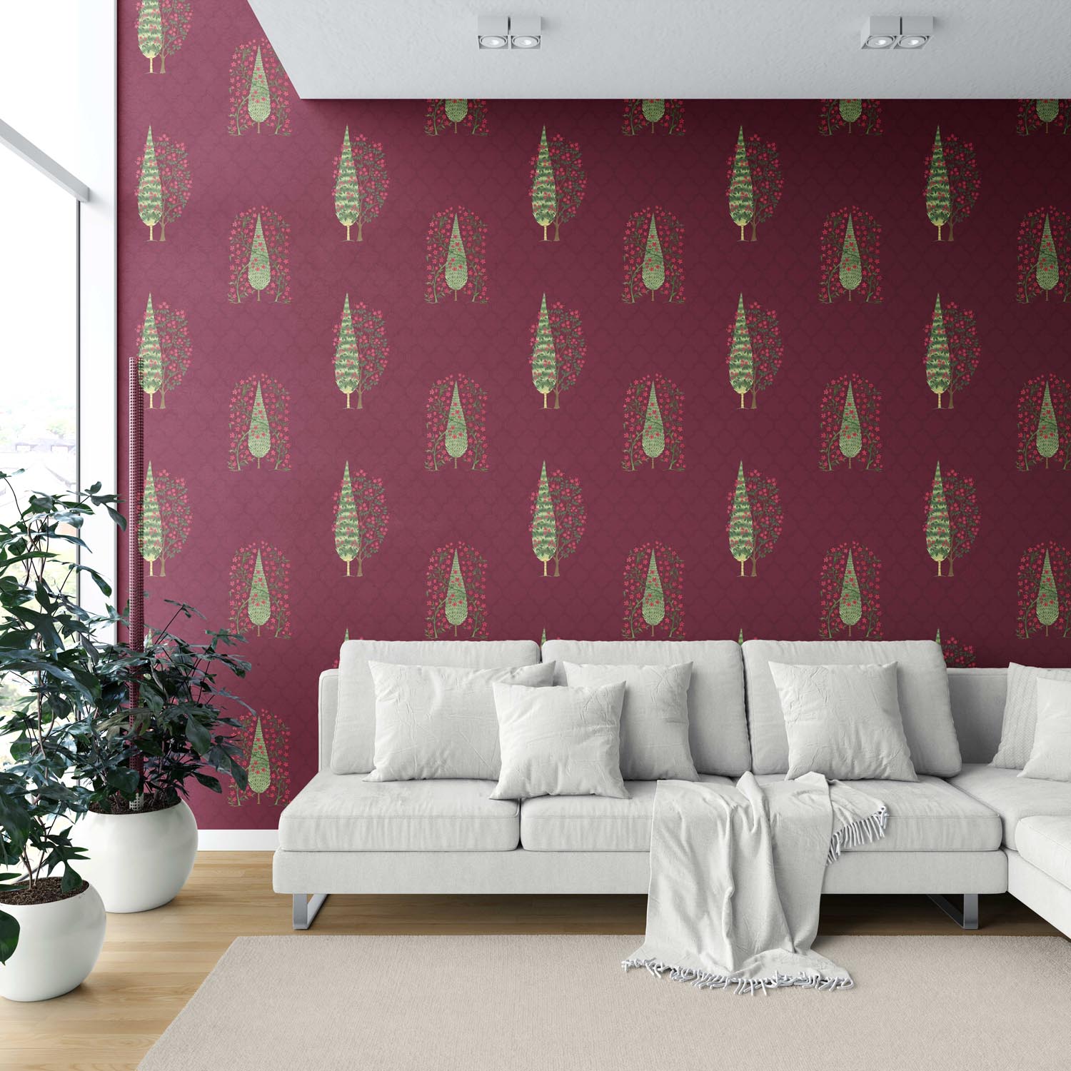 Botanical/ Floral Print Shower Toilet Wallpaper (Maroon/ Red/ Pink/ Green)