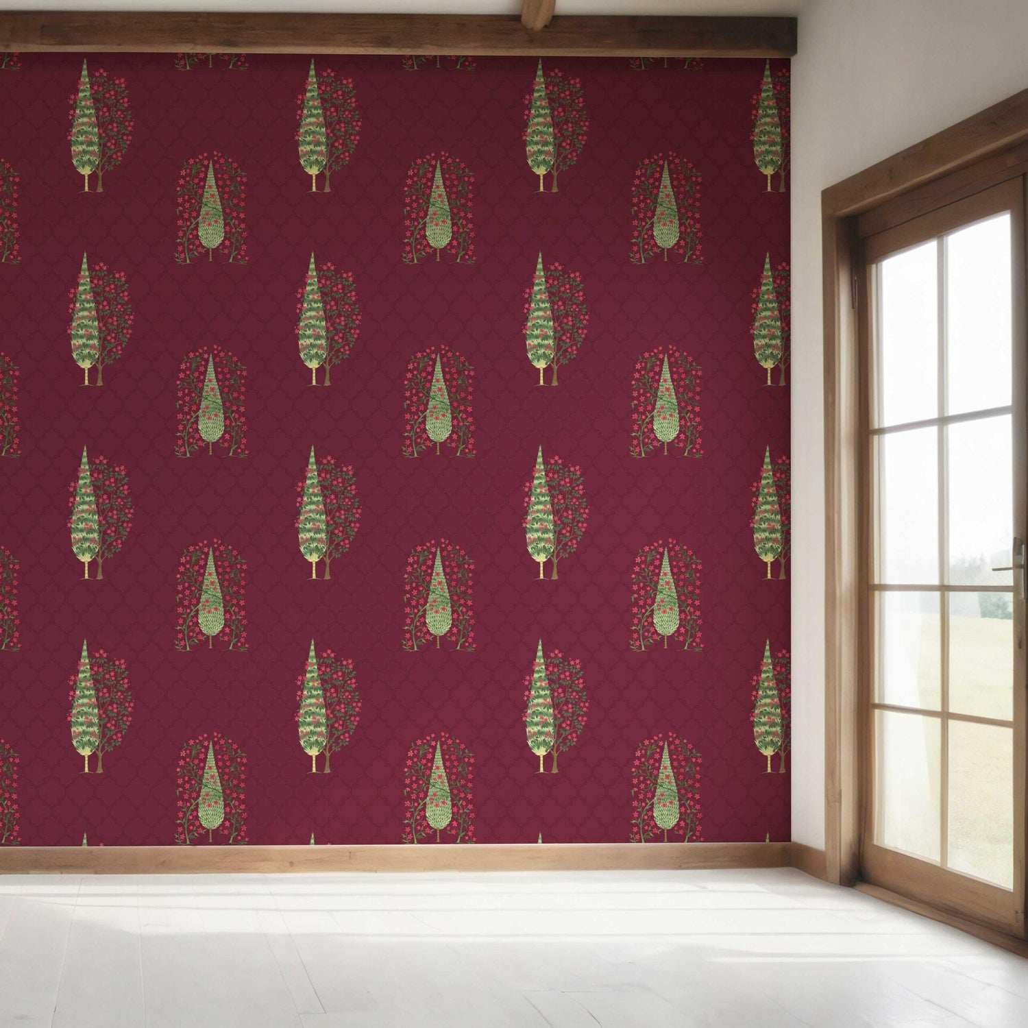 Botanical/ Floral Print Bedroom Wallpaper (Maroon/ Red/ Pink/ Green)