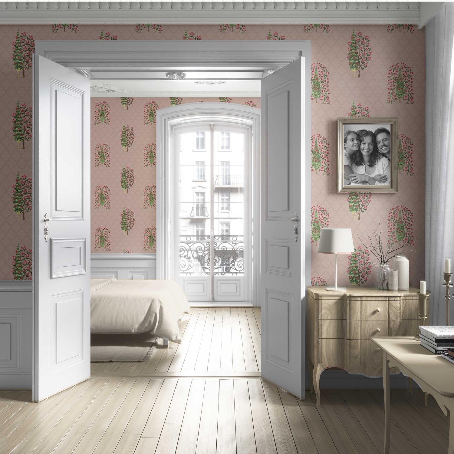 Botanical/ Floral Print Living Room Wallpaper (Blush Pink/ Green)