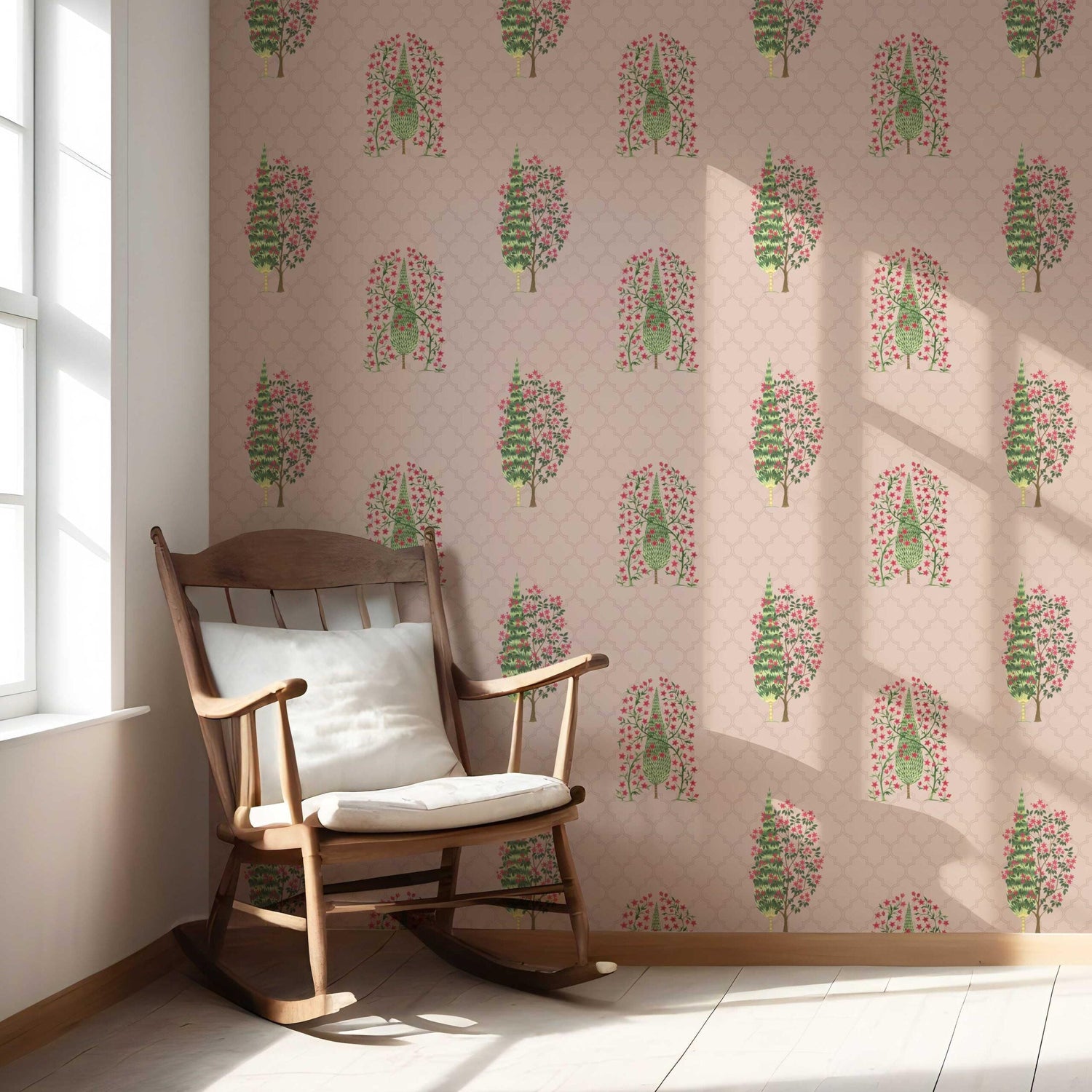 Botanical/ Floral Print Nursery Wallpaper (Blush Pink/ Green)