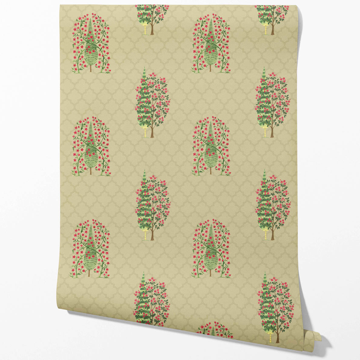 Botanical/ Floral Print Kitchen Wallpaper (Olive Green/ Pink)