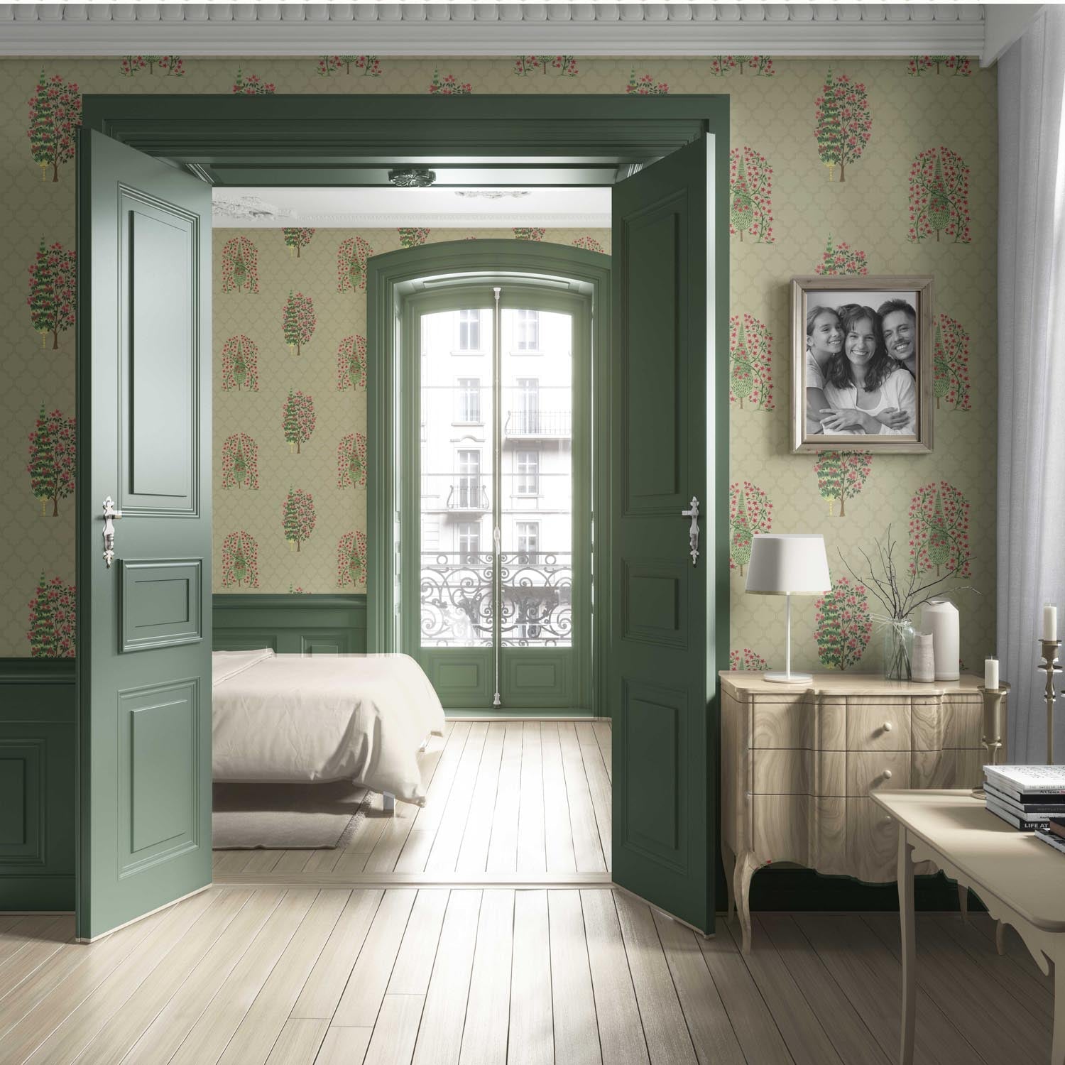 Botanical/ Floral Print Living Room Wallpaper (Olive Green/ Pink)