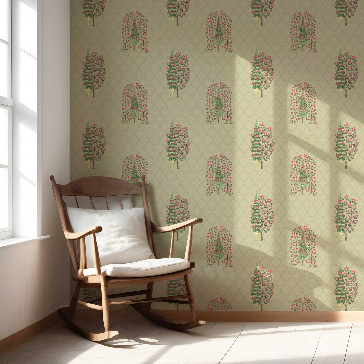 Botanical/ Floral Print Nursery Wallpaper (Olive Green/ Pink)