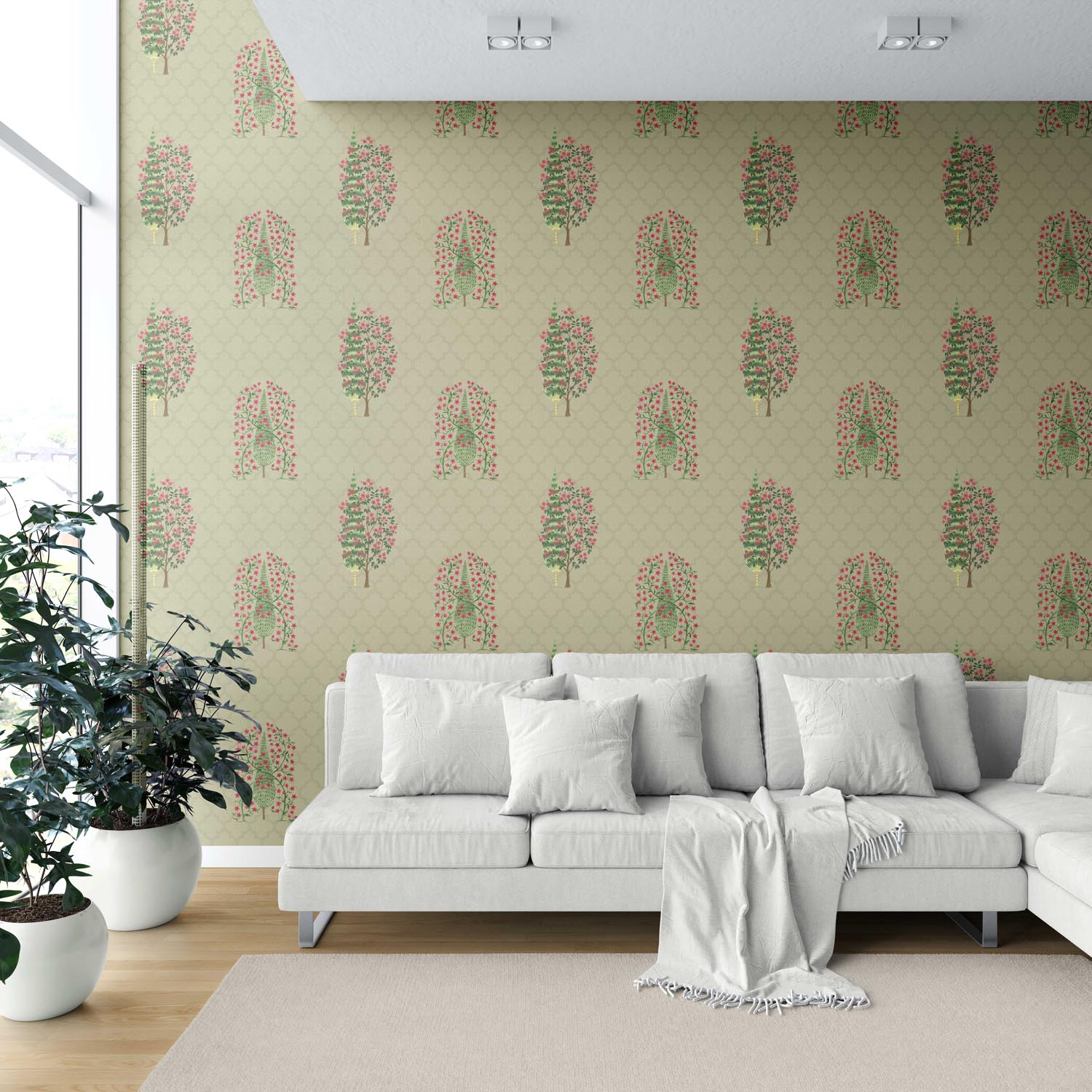 Botanical/ Floral Print Shower Toilet Wallpaper (Olive Green/ Pink)