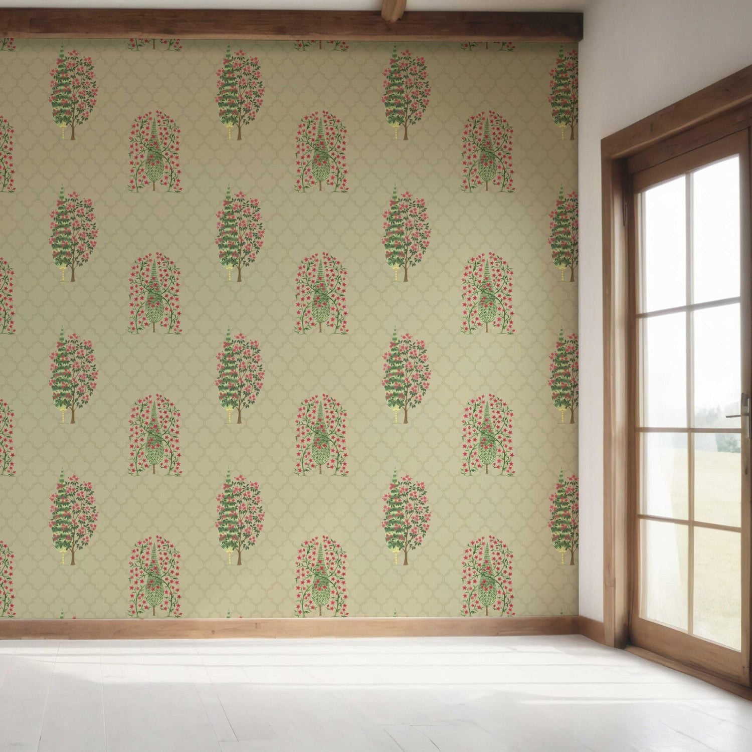 Botanical/ Floral Print Bedroom Wallpaper (Olive Green/ Pink)