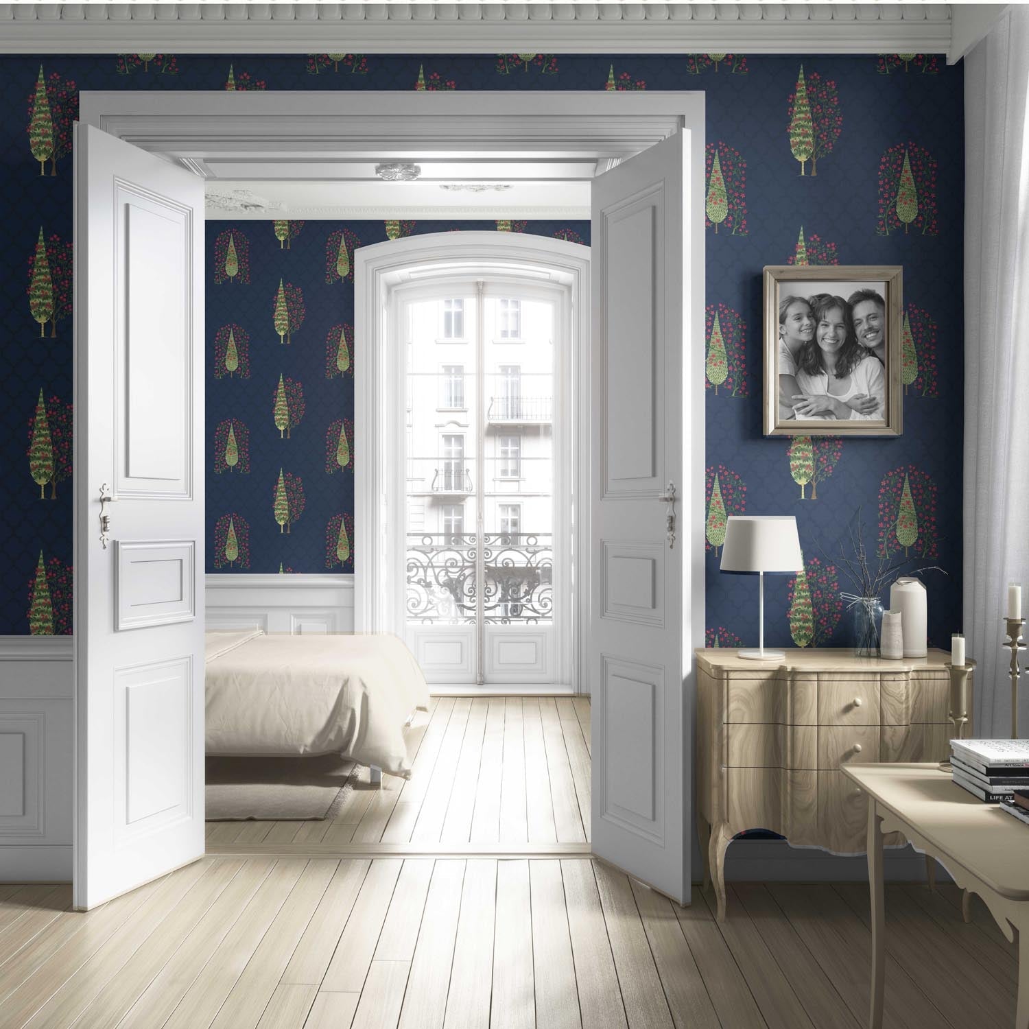 Botanical/ Floral Print Living Room Wallpaper (Navy Blue/ Pink/ Green)