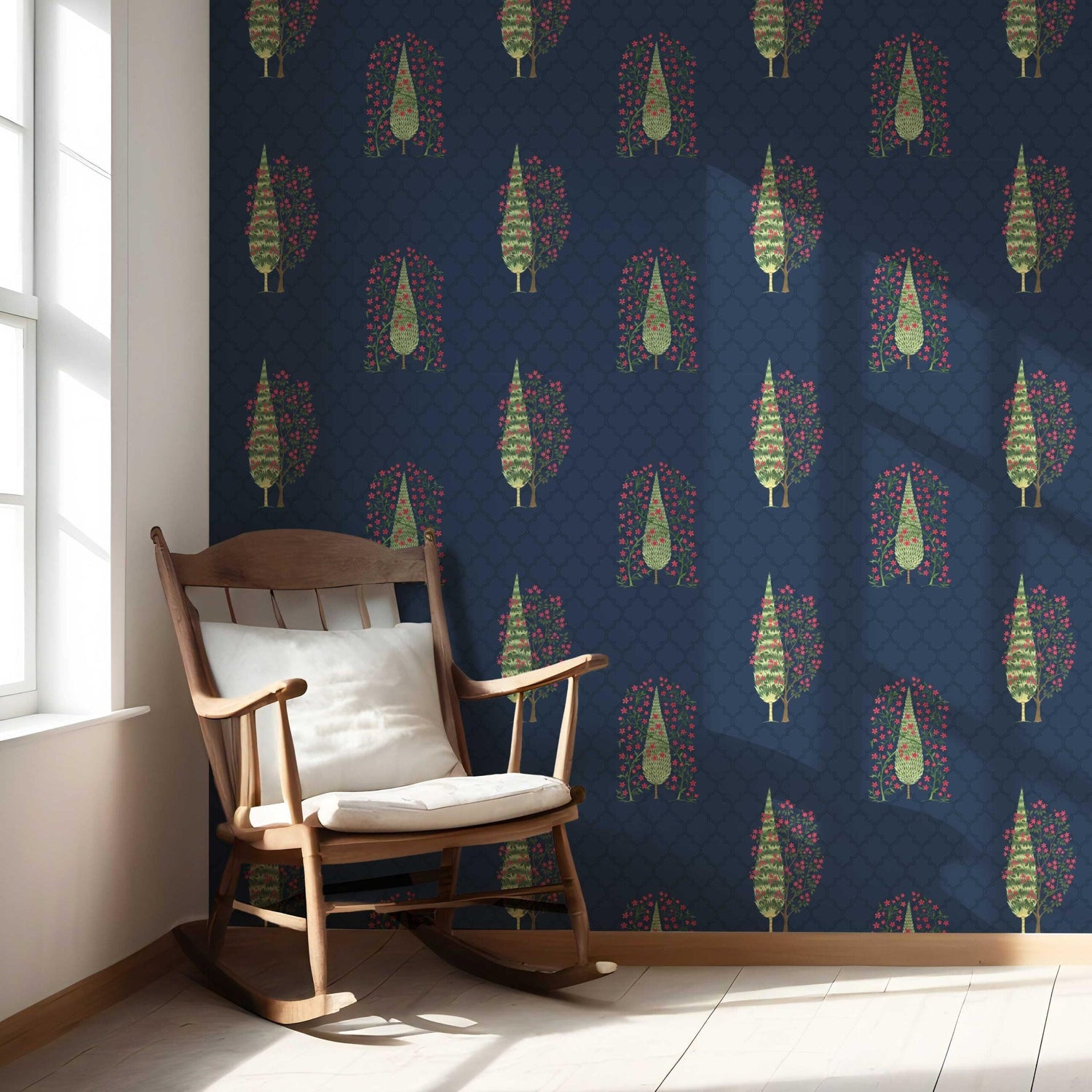 Botanical/ Floral Print Nursery Wallpaper (Navy Blue/ Pink/ Green)