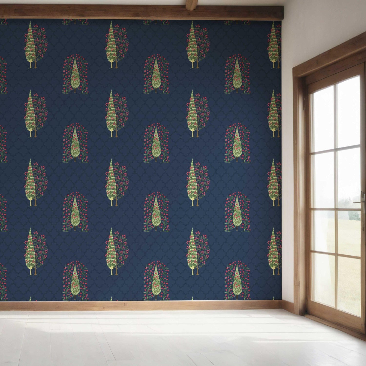 Botanical/ Floral Print Bedroom Wallpaper (Navy Blue/ Pink/ Green)