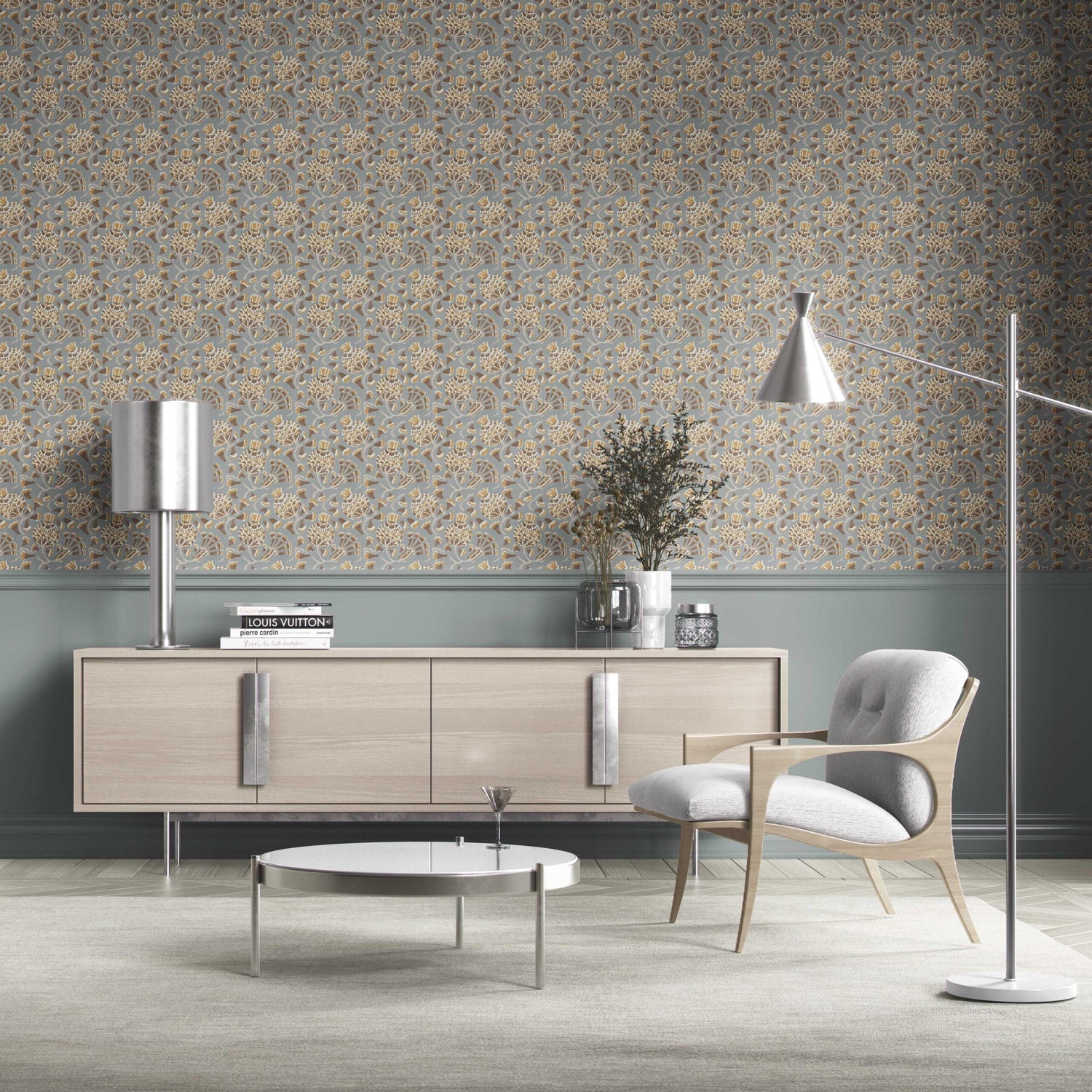 Modern Floral/ Botanical Kitchen Wallpaper (Blue-Gray/ Brown/ Gold/ Beige)