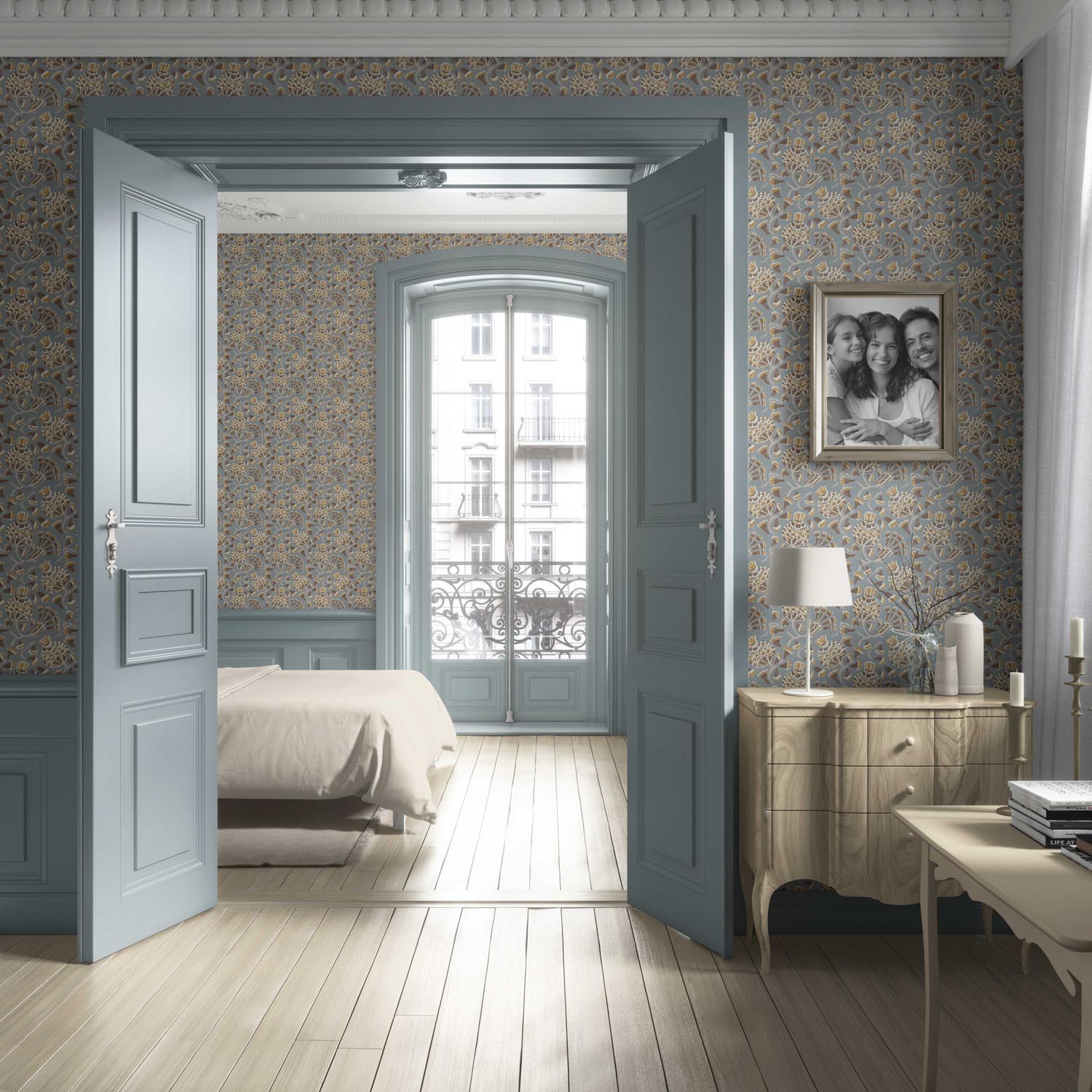 Modern Floral/ Botanical Living Room Wallpaper (Blue-Gray/ Brown/ Gold/ Beige)
