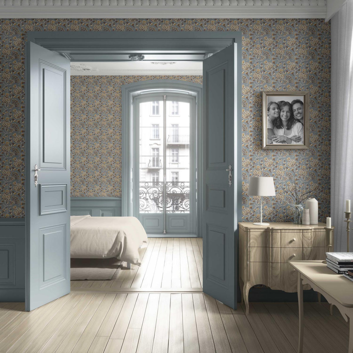 Modern Floral/ Botanical Living Room Wallpaper (Blue-Gray/ Brown/ Gold/ Beige)