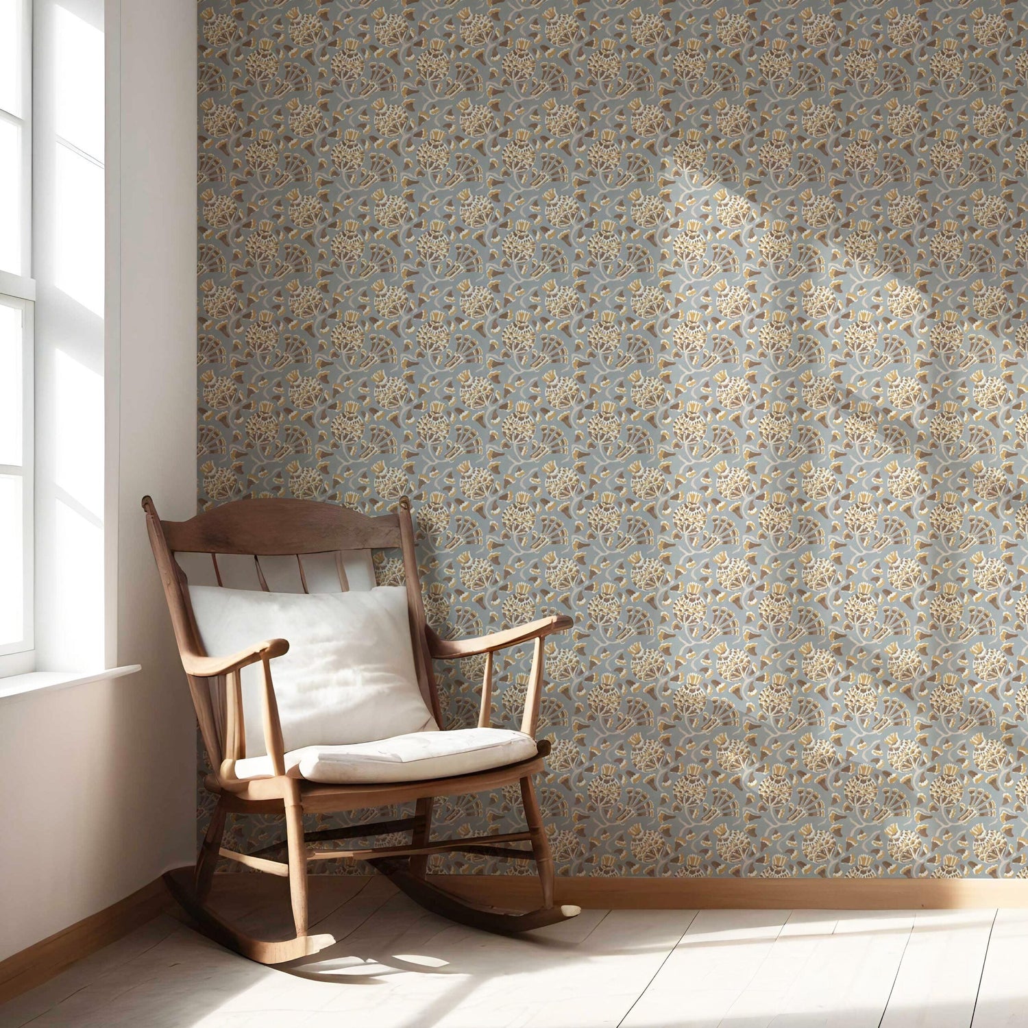 Modern Floral/ Botanical Nursery Wallpaper (Blue-Gray/ Brown/ Gold/ Beige)