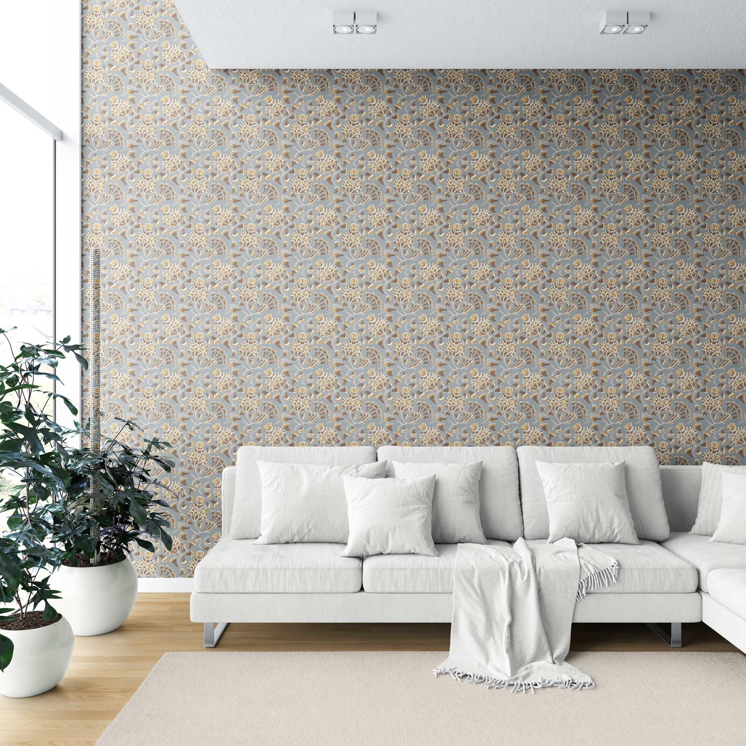 Modern Floral/ Botanical Shower Toilet Wallpaper (Blue-Gray/ Brown/ Gold/ Beige)