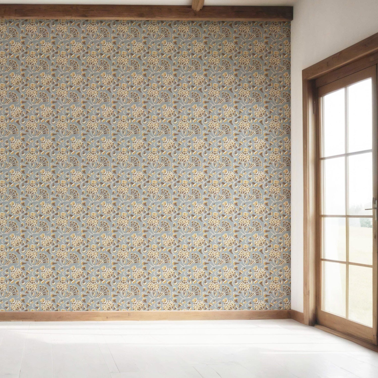 Modern Floral/ Botanical Bedroom Wallpaper (Blue-Gray/ Brown/ Gold/ Beige)
