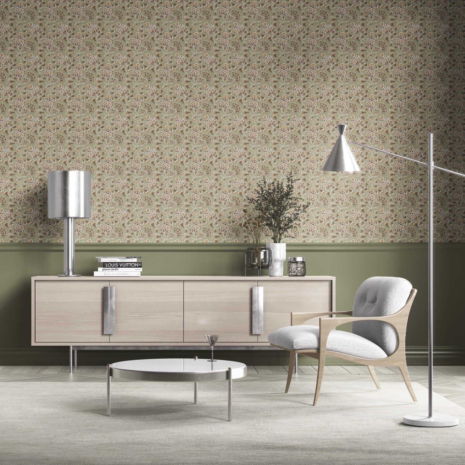 Modern Floral/ Botanical Kitchen Wallpaper (Olive Green/ Brown/ Gold/ Beige)