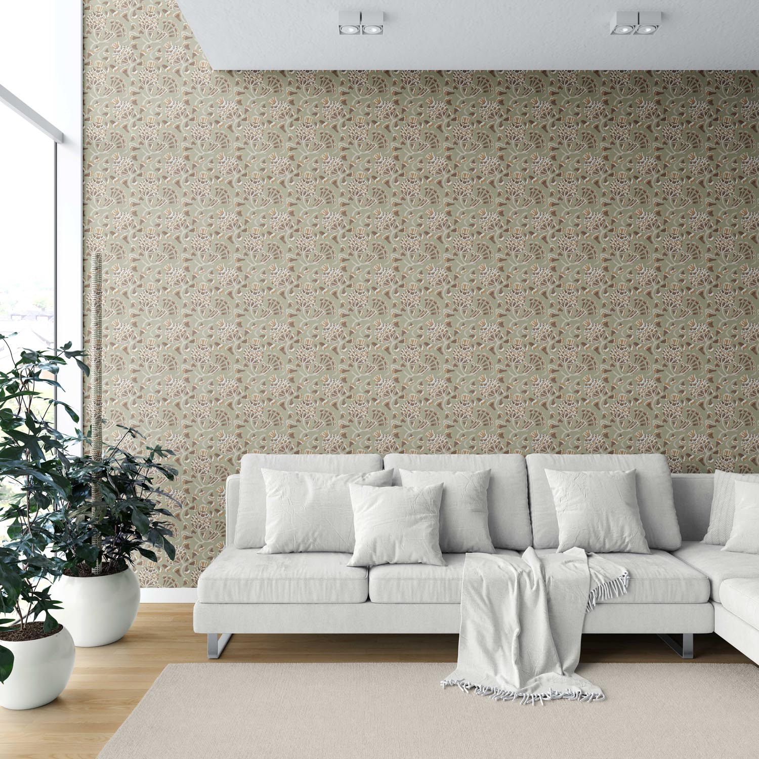 Modern Floral/ Botanical Shower Toilet Wallpaper (Olive Green/ Brown/ Gold/ Beige)