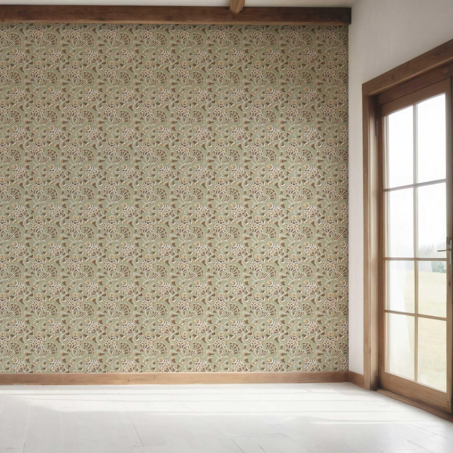 Modern Floral/ Botanical Bedroom Wallpaper (Olive Green/ Brown/ Gold/ Beige)