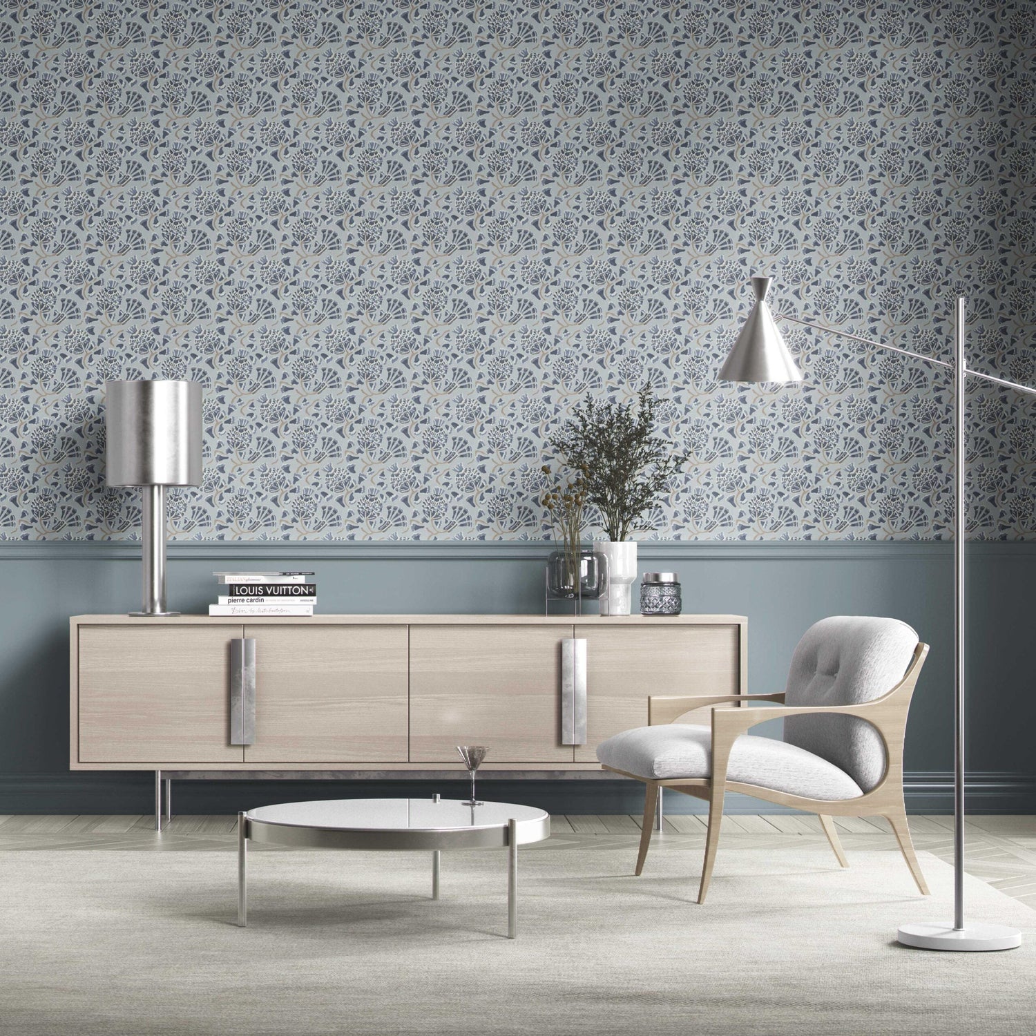 Modern Floral/ Botanical Kitchen Wallpaper (Slate Blue/ Gray)
