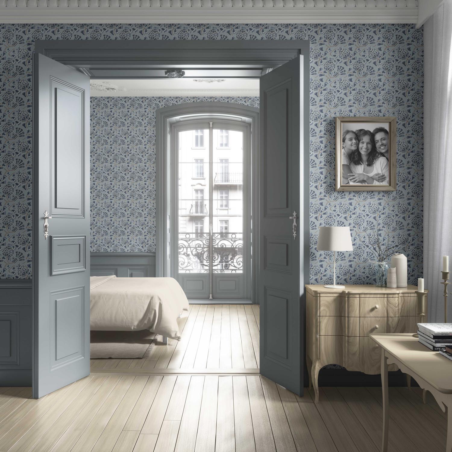 Modern Floral/ Botanical Living Room Wallpaper (Slate Blue/ Gray)