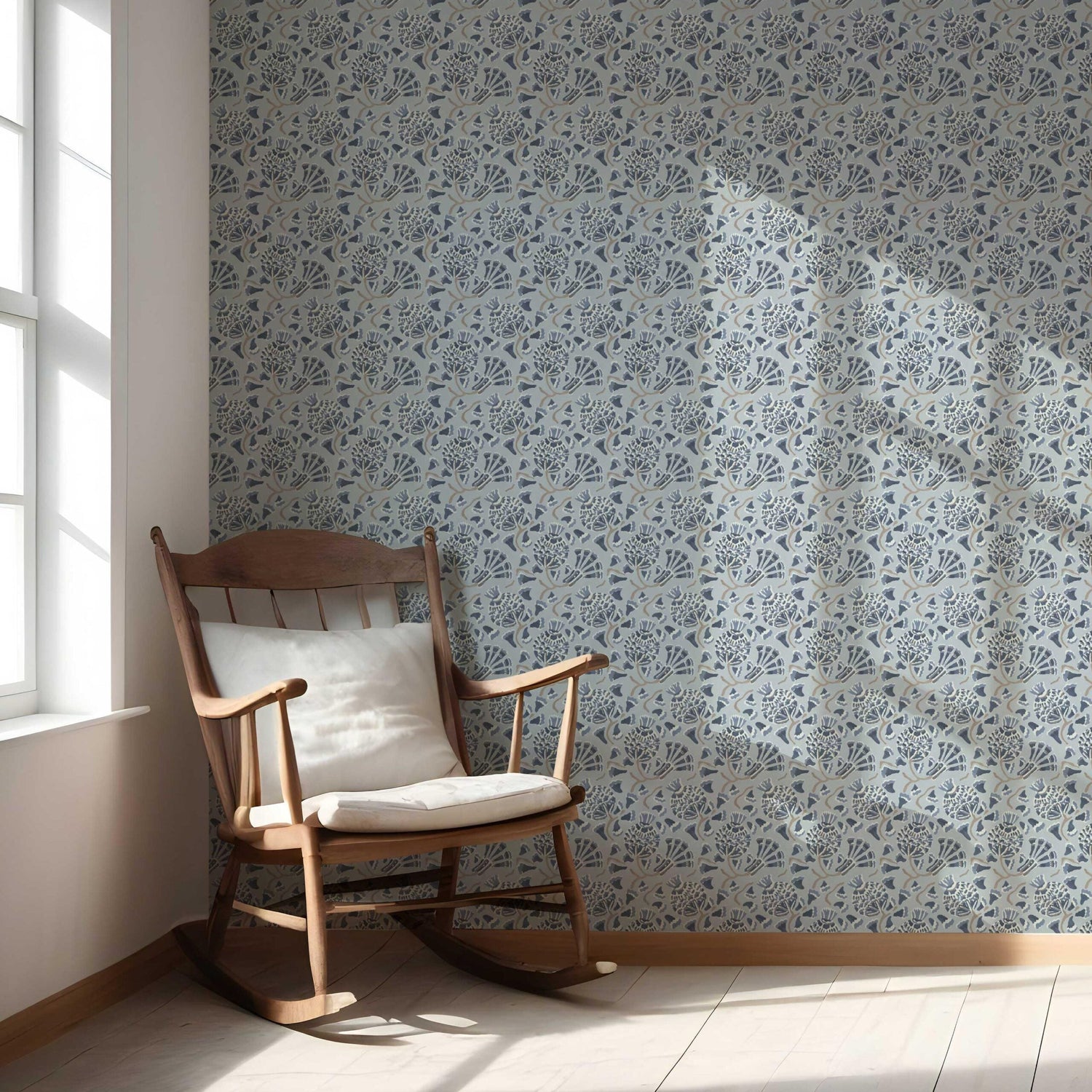Modern Floral/ Botanical Nursery Wallpaper (Slate Blue/ Gray)