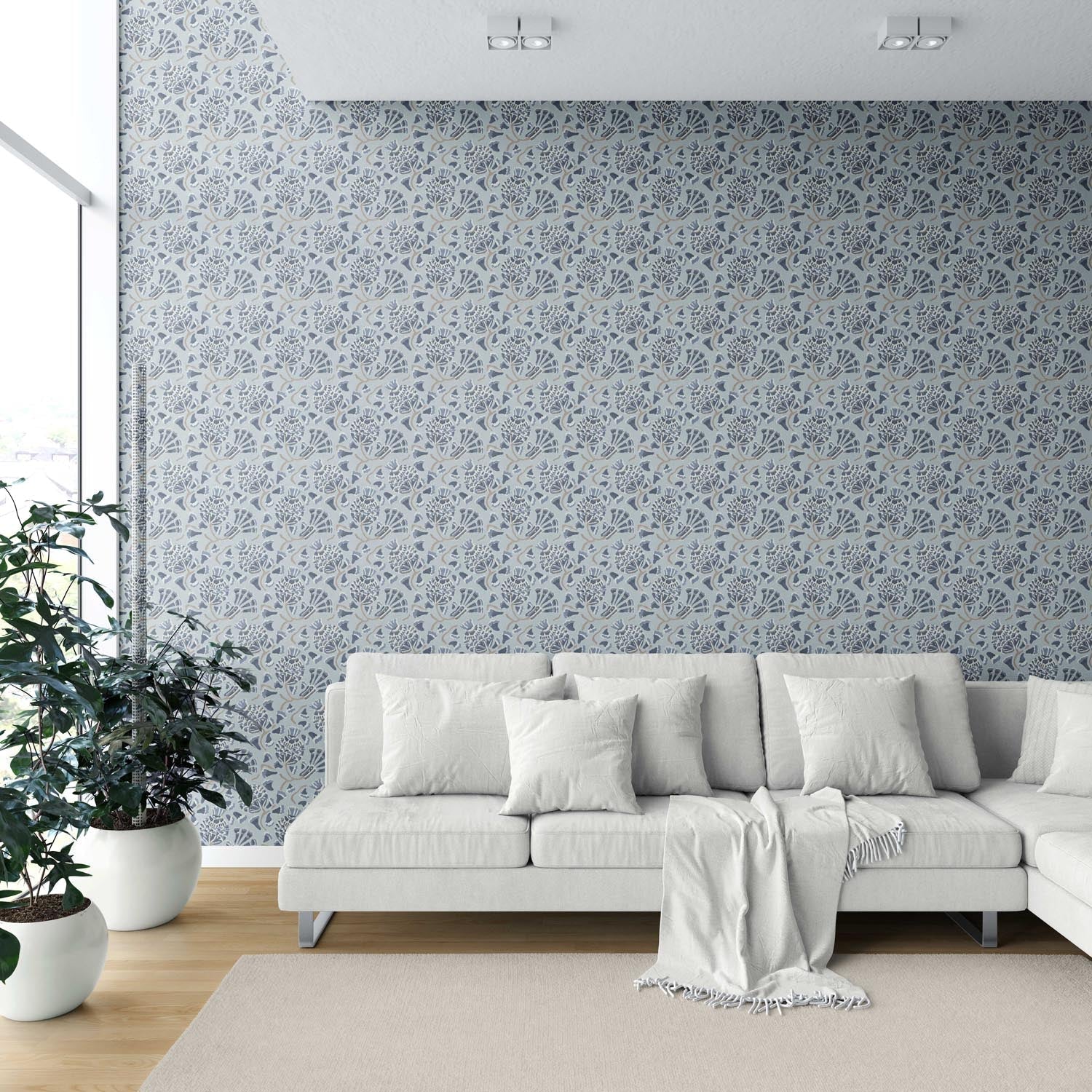 Modern Floral/ Botanical Shower Toilet Wallpaper (Slate Blue/ Gray)