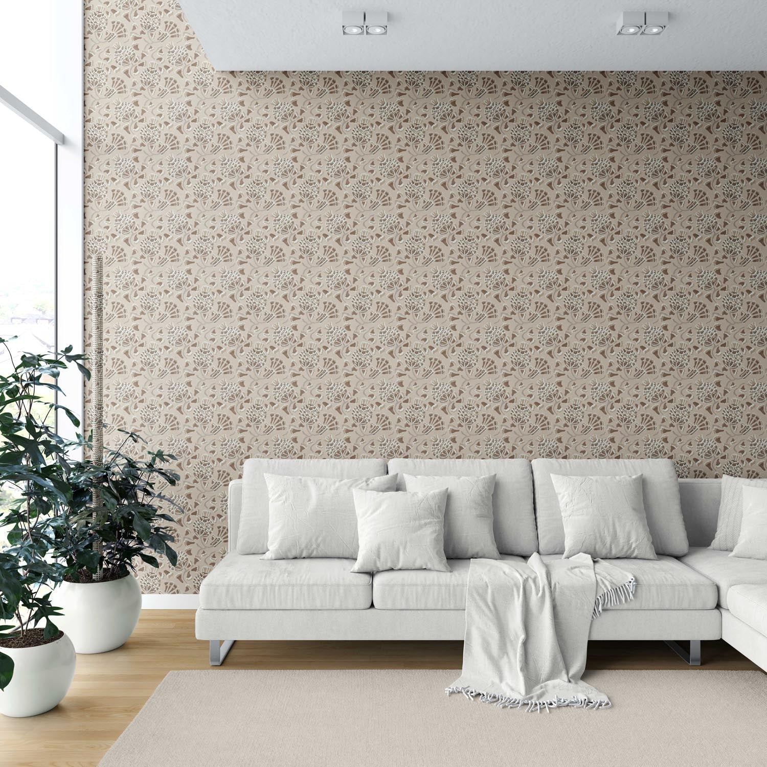 Neutral Modern Floral/ Botanical Shower Toilet Wallpaper (Brown/ Taupe/ Beige)