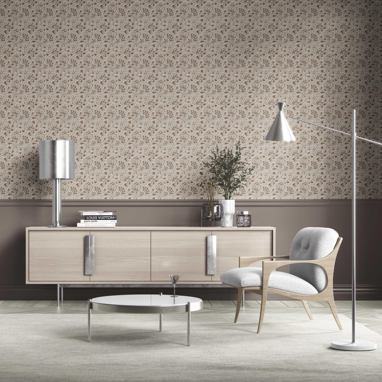 Neutral Modern Floral/ Botanical Kitchen Wallpaper (Taupe/ Brown/ Greige)