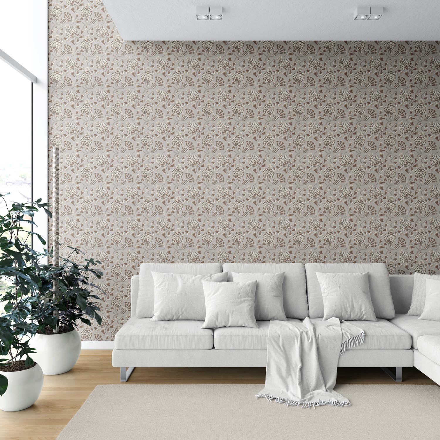 Neutral Modern Floral/ Botanical Shower Toilet Wallpaper (Taupe/ Brown/ Greige)
