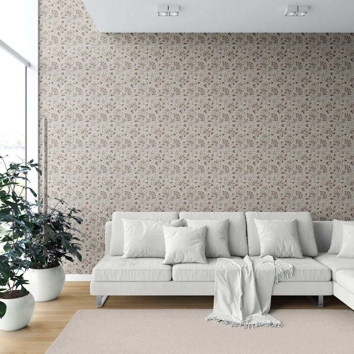 Neutral Modern Floral/ Botanical Shower Toilet Wallpaper (Taupe/ Brown/ Greige)