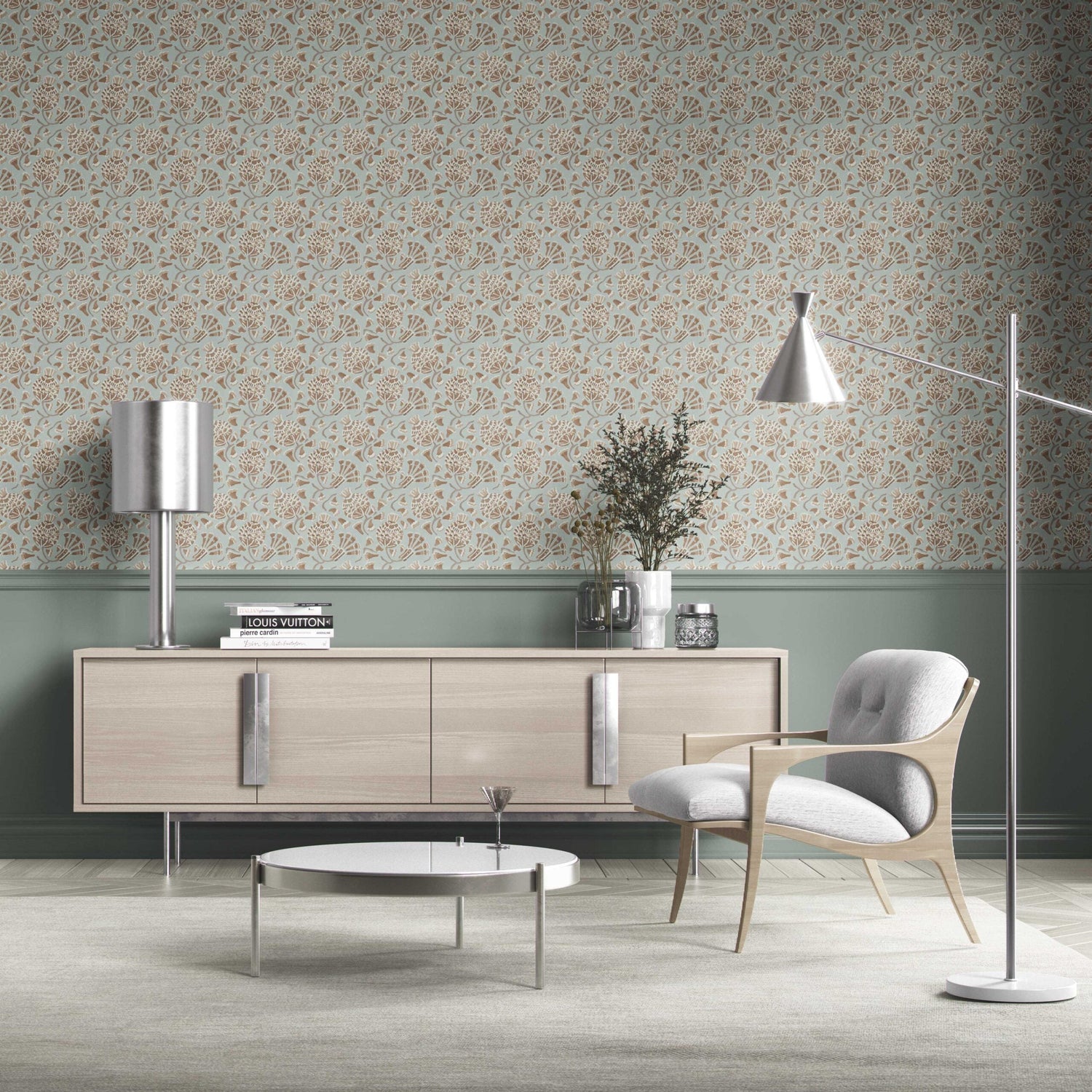Modern Floral/ Botanical Kitchen Wallpaper (Blue/ Brown/ Beige)