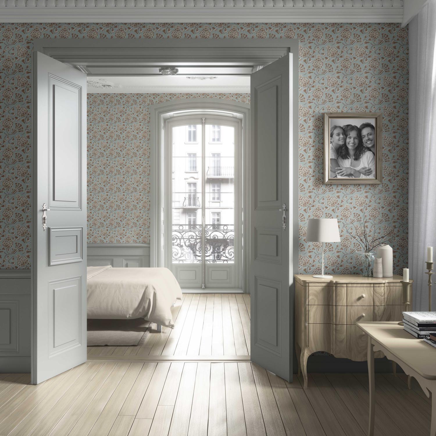 Modern Floral/ Botanical Living Room Wallpaper (Blue/ Brown/ Beige)