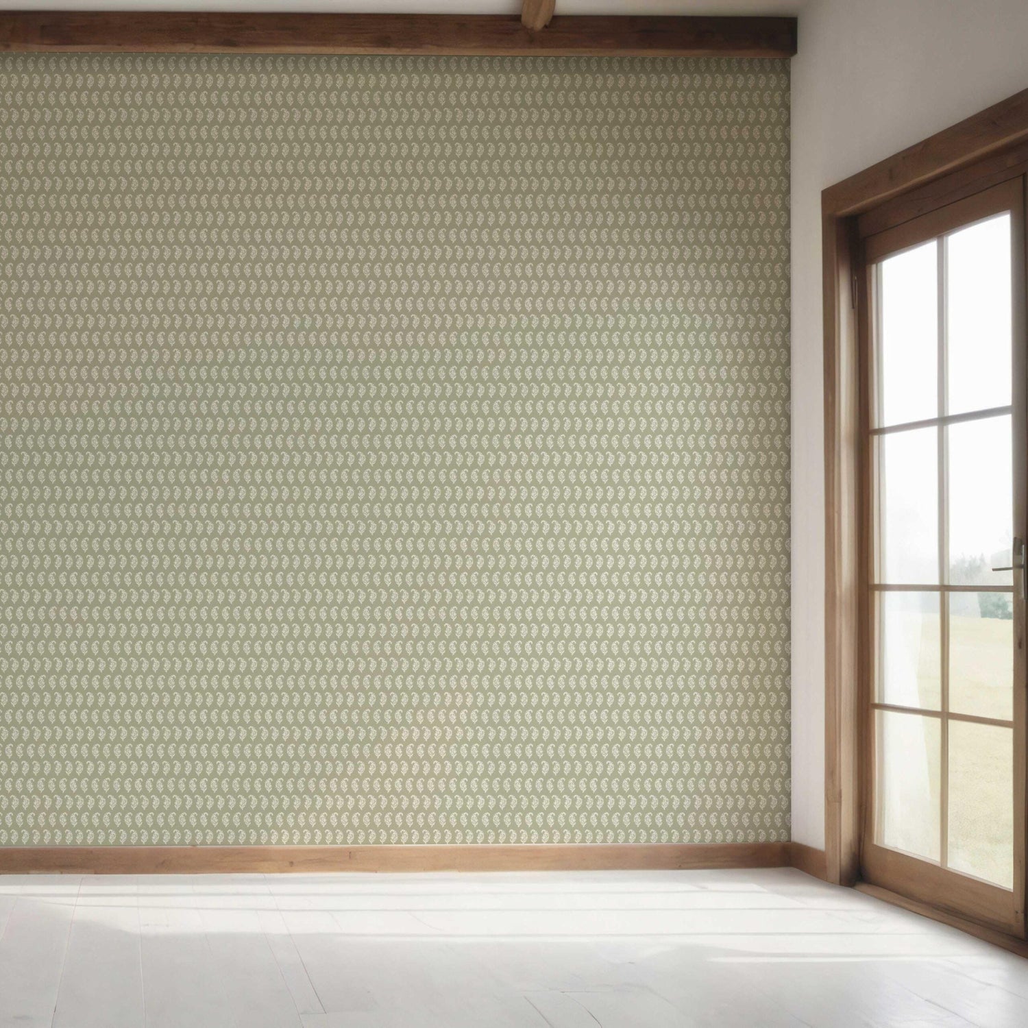 Small Paisley Floral Patterned Print Bedroom Wallpaper (Olive Green/ White)