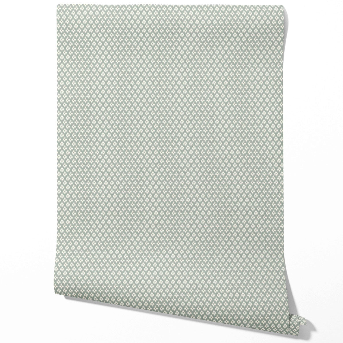 Small Geometric Ikat-Style Floral Block Print Kitchen Wallpaper (Green/ White)