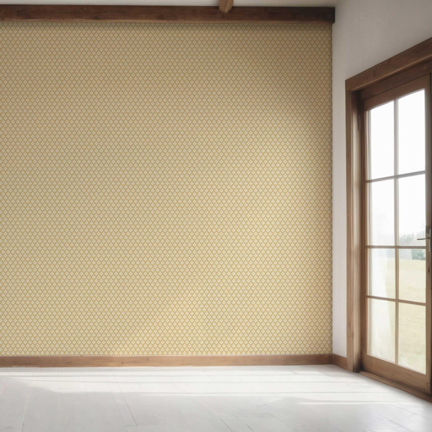 Small Geometric Ikat-Style Floral Block Print Bedroom Wallpaper (Yellow/ White)