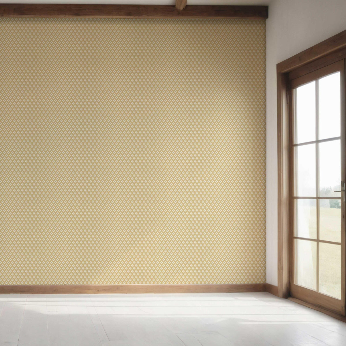 Small Geometric Ikat-Style Floral Block Print Bedroom Wallpaper (Yellow/ White)